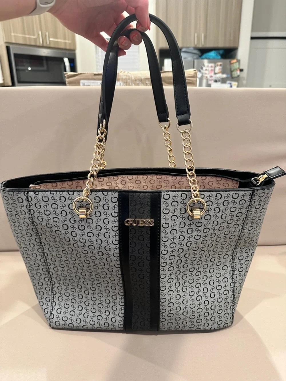 GUESS Black and Gray Logo Stripe Tote with Gold Chain Accents - Picture 2 of 8